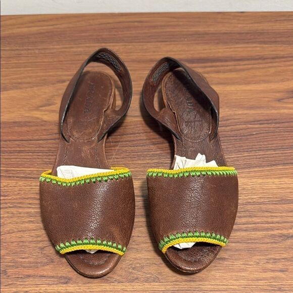 Vintage Prada Brown Flat Leather Sling Back Open Toe Shoes. Size 7.5. - Picture 1 of 6